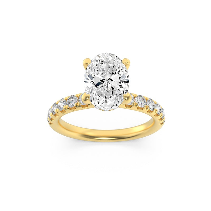 2CTW Oval Shaped Lab Grown Diamond (F/VS) Hidden Halo Accented Ring in 14K Gold