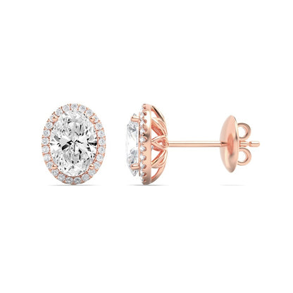 3CTW Oval Shaped Lab Grown Diamond (F/VS) Halo Stud Earrings in 14K Gold
