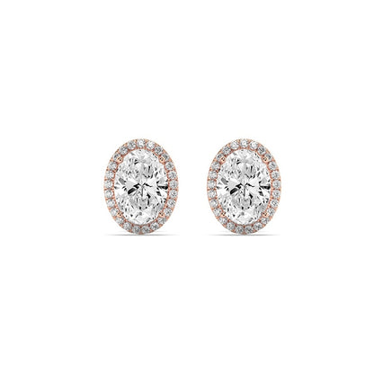 3CTW Oval Shaped Lab Grown Diamond (F/VS) Halo Stud Earrings in 14K Gold