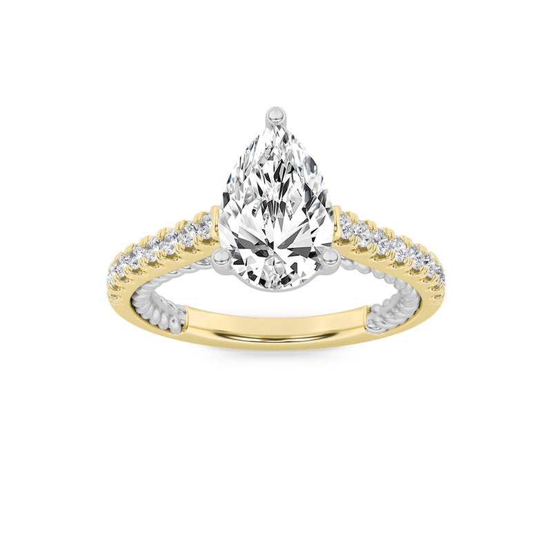 2CTW Pear Shaped Lab Grown Diamond (F/VS) Two Tone Accented Rope Design Engagement Ring in 14K Gold