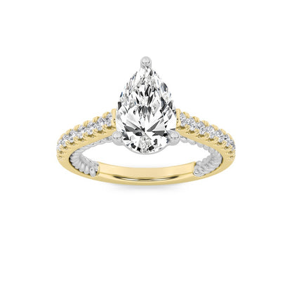 2CTW Pear Shaped Lab Grown Diamond (F/VS) Two Tone Accented Rope Design Engagement Ring in 14K Gold