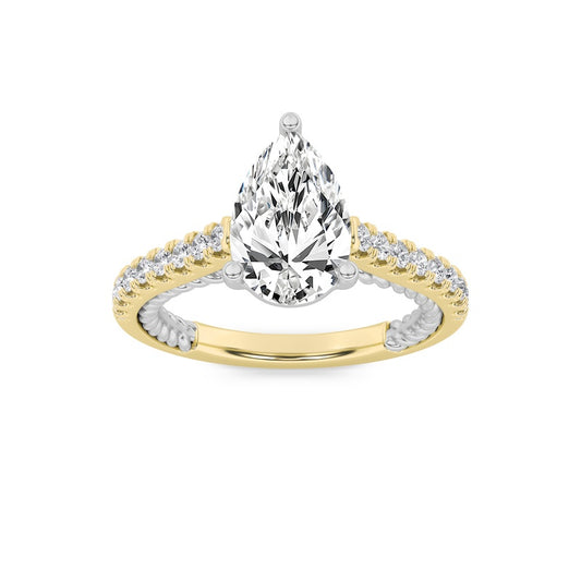 2CTW Pear Shaped Lab Grown Diamond (F/VS) Two Tone Accented Rope Design Engagement Ring in 14K Gold