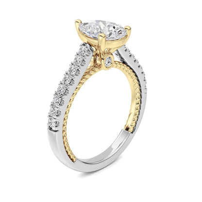 2CTW Pear Shaped Lab Grown Diamond (F/VS) Two Tone Accented Rope Design Engagement Ring in 14K Gold