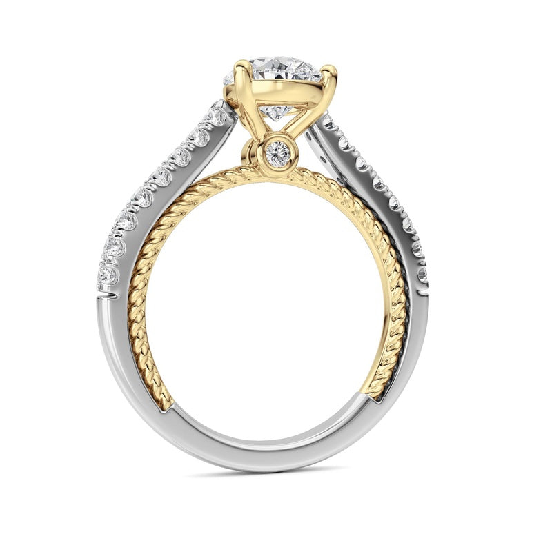 2CTW Pear Shaped Lab Grown Diamond (F/VS) Two Tone Accented Rope Design Engagement Ring in 14K Gold
