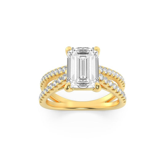 2Cttw Emerald Shaped Lab Grown Diamond (F/VS) Cross Shank Accented Engagement Ring in 14K Gold