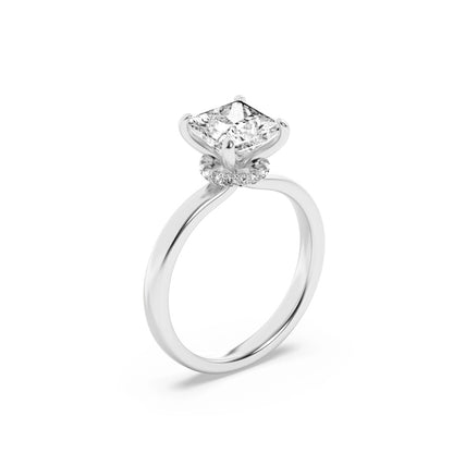1CTW Princess Shaped Lab Grown Diamond (F/VS) Hidden Halo Plain Shank Engagement Ring in 14K Gold