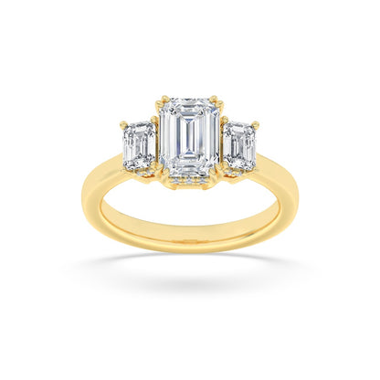 3CTW Emerald Shaped Lab Grown Diamond (F/VS) Three Stone Accented Ring in 14K Gold