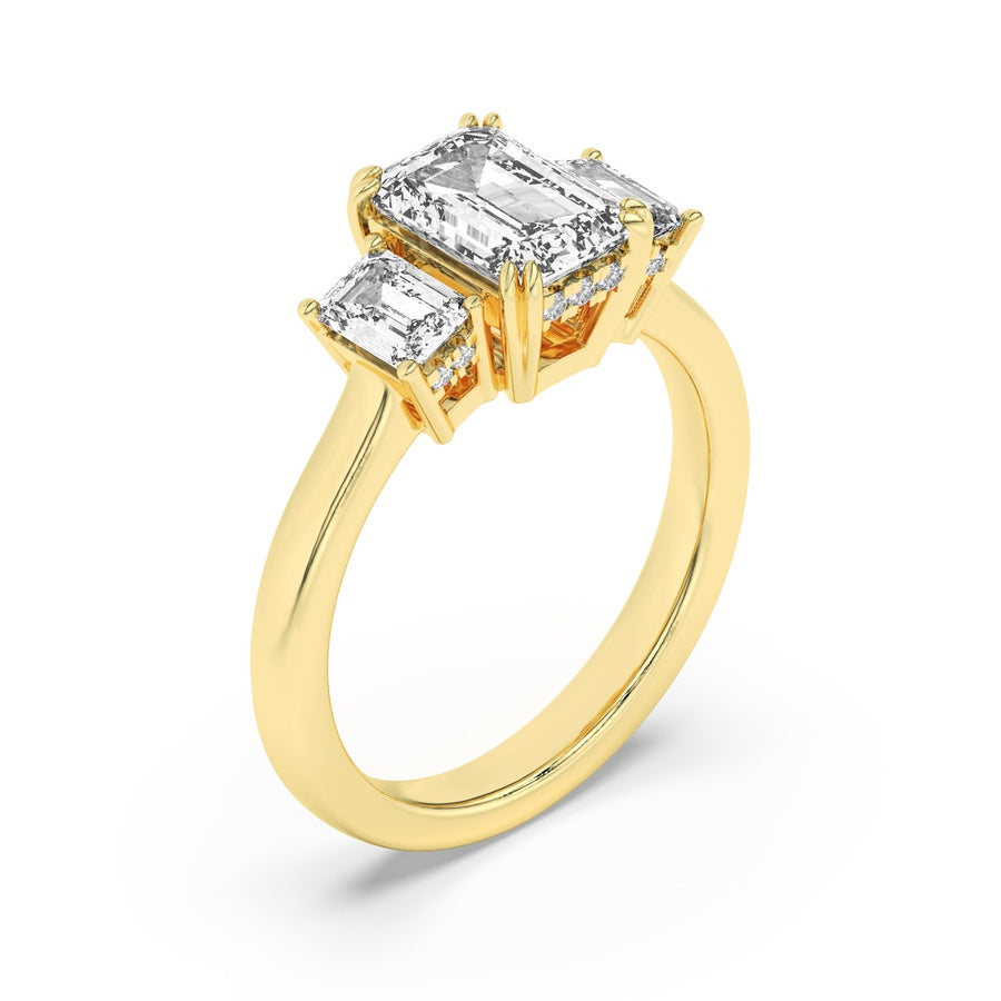 3CTW Emerald Shaped Lab Grown Diamond (F/VS) Three Stone Accented Ring in 14K Gold