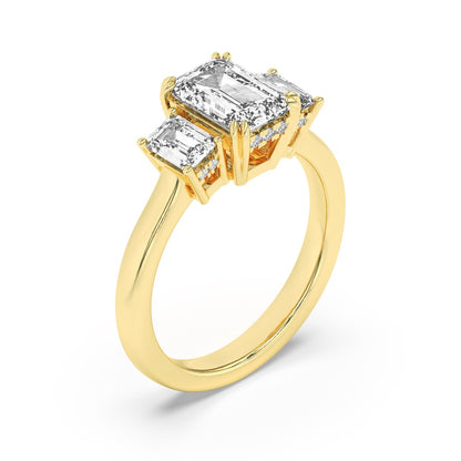 3CTW Emerald Shaped Lab Grown Diamond (F/VS) Three Stone Accented Ring in 14K Gold
