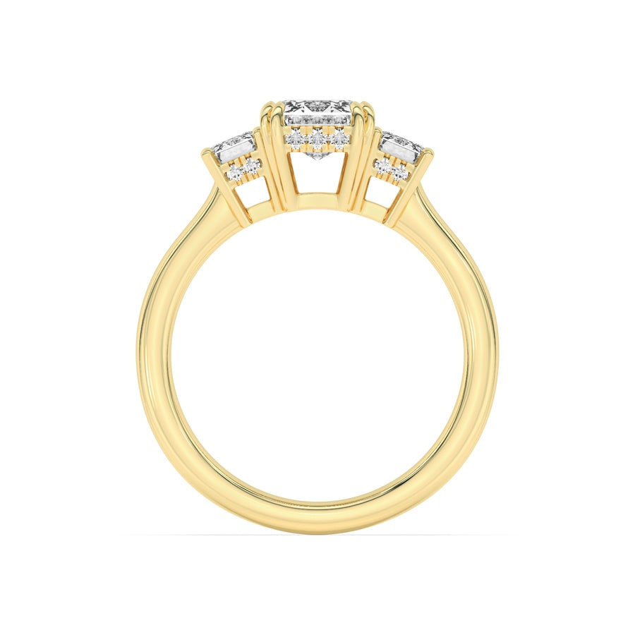 3CTW Emerald Shaped Lab Grown Diamond (F/VS) Three Stone Accented Ring in 14K Gold