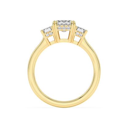3CTW Emerald Shaped Lab Grown Diamond (F/VS) Three Stone Accented Ring in 14K Gold