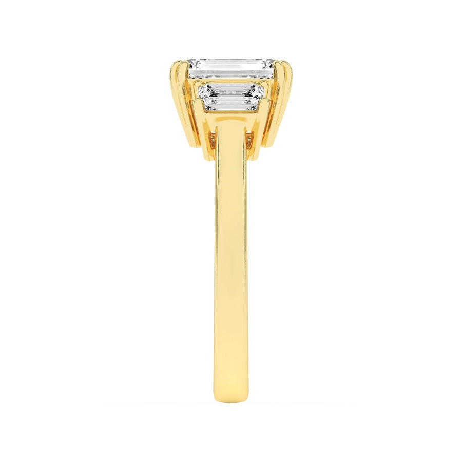 3CTW Emerald Shaped Lab Grown Diamond (F/VS) Three Stone Accented Ring in 14K Gold