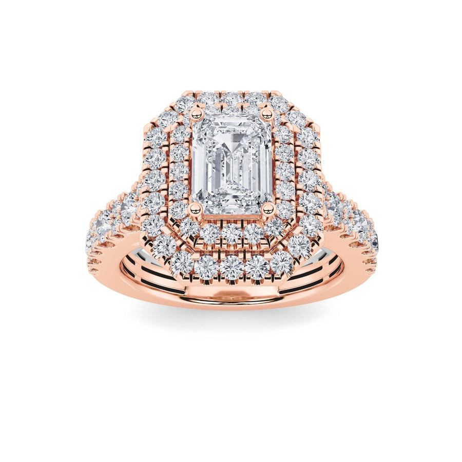 2CTW Emerald Shaped Lab Grown Diamond (F/VS) Double Halo Engagement Ring in 14K Gold