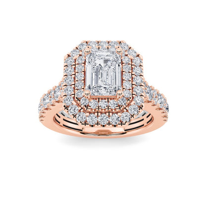 2CTW Emerald Shaped Lab Grown Diamond (F/VS) Double Halo Engagement Ring in 14K Gold