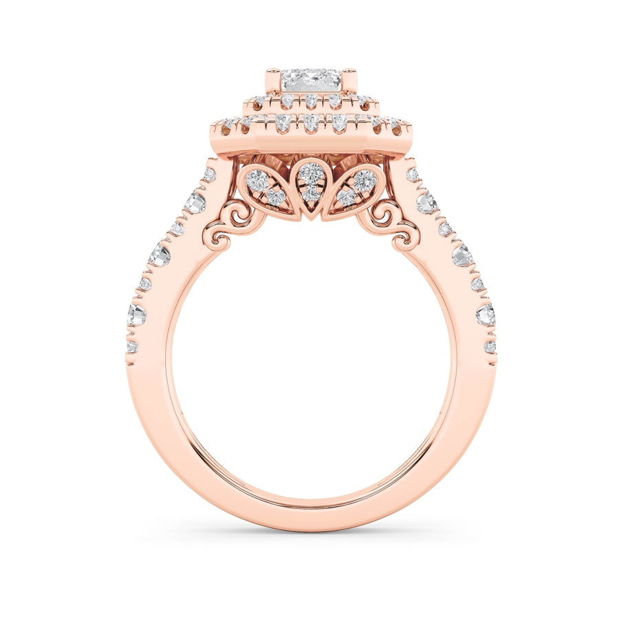2CTW Emerald Shaped Lab Grown Diamond (F/VS) Double Halo Engagement Ring in 14K Gold