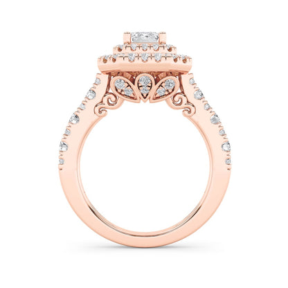 2CTW Emerald Shaped Lab Grown Diamond (F/VS) Double Halo Engagement Ring in 14K Gold