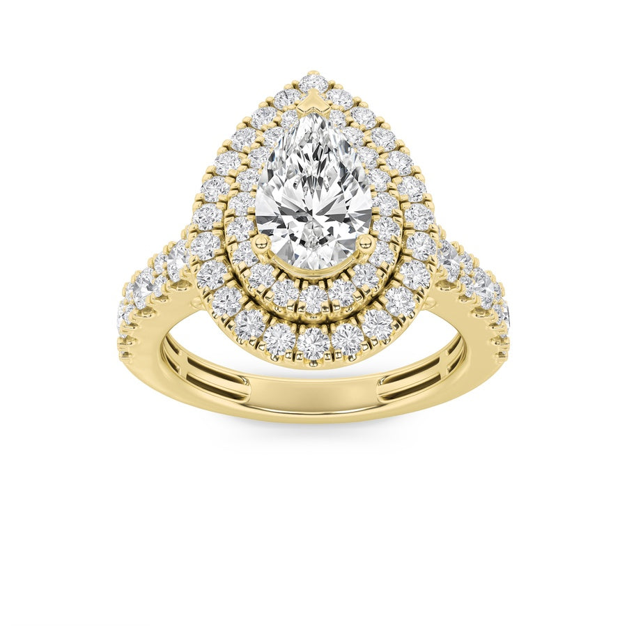 2CTW Pear Shaped Lab Grown Diamond (F/VS) Double Halo Engagement Ring in 14K Gold