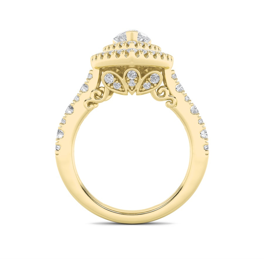 2CTW Pear Shaped Lab Grown Diamond (F/VS) Double Halo Engagement Ring in 14K Gold
