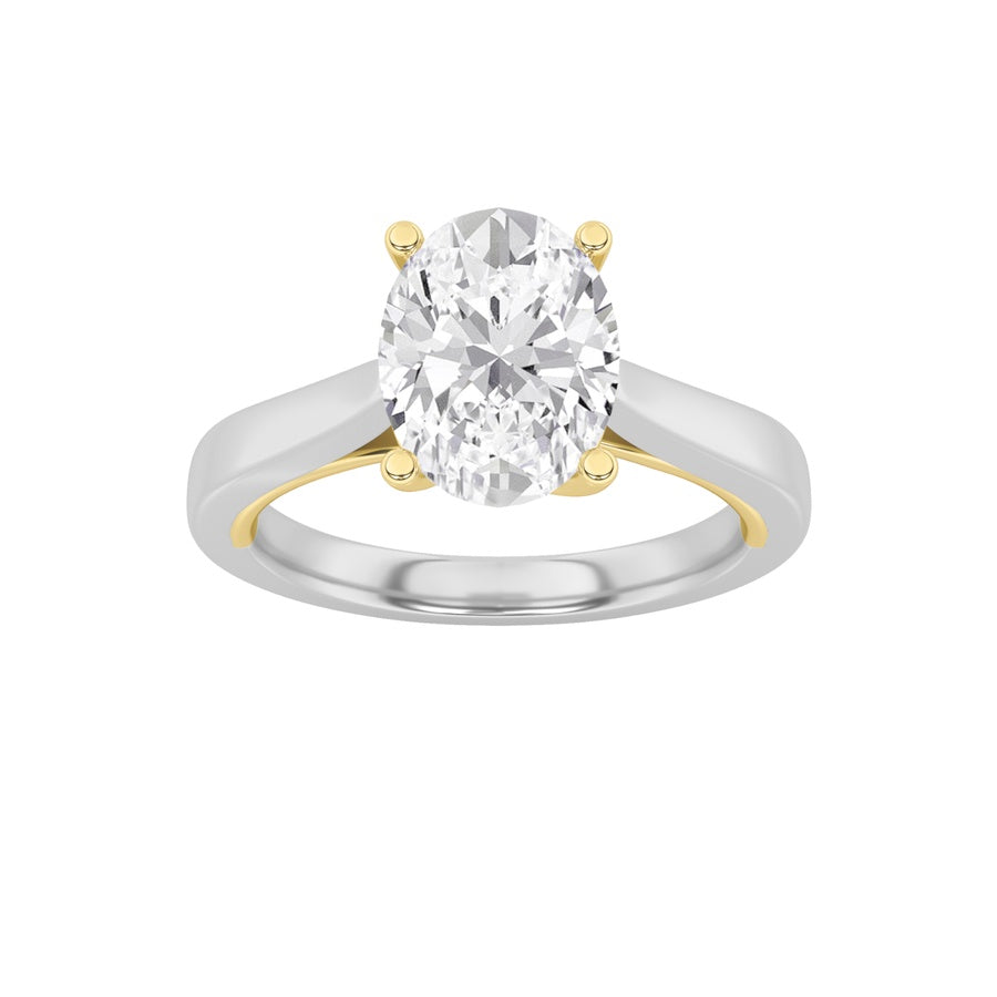 1CTW Oval Shaped Lab Grown Diamond (F/VS) Two Tone Twisted Basket Cathedral Shank Solitaire Ring in 14K Gold