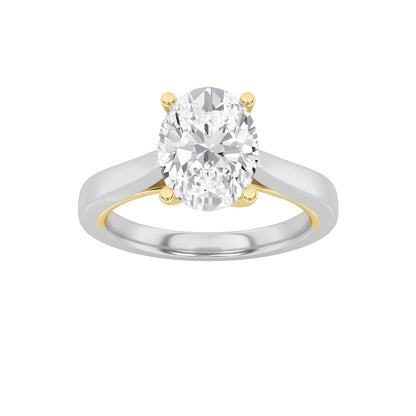 1CTW Oval Shaped Lab Grown Diamond (F/VS) Two Tone Twisted Basket Cathedral Shank Solitaire Ring in 14K Gold