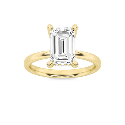 2CTW Emerald Shaped Lab Grown Diamond (F/VS) Hidden Halo Petite Shank Ring in 14K Gold
