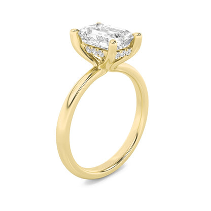 2CTW Emerald Shaped Lab Grown Diamond (F/VS) Hidden Halo Petite Shank Ring in 14K Gold