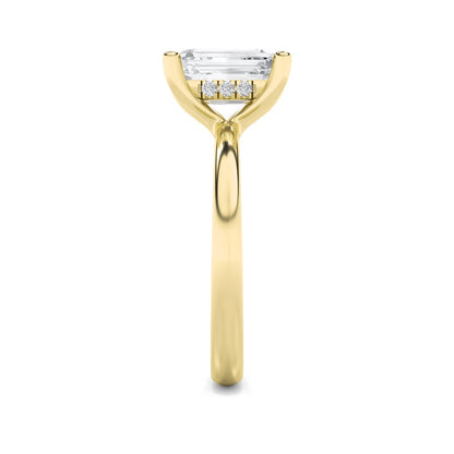 2CTW Emerald Shaped Lab Grown Diamond (F/VS) Hidden Halo Petite Shank Ring in 14K Gold