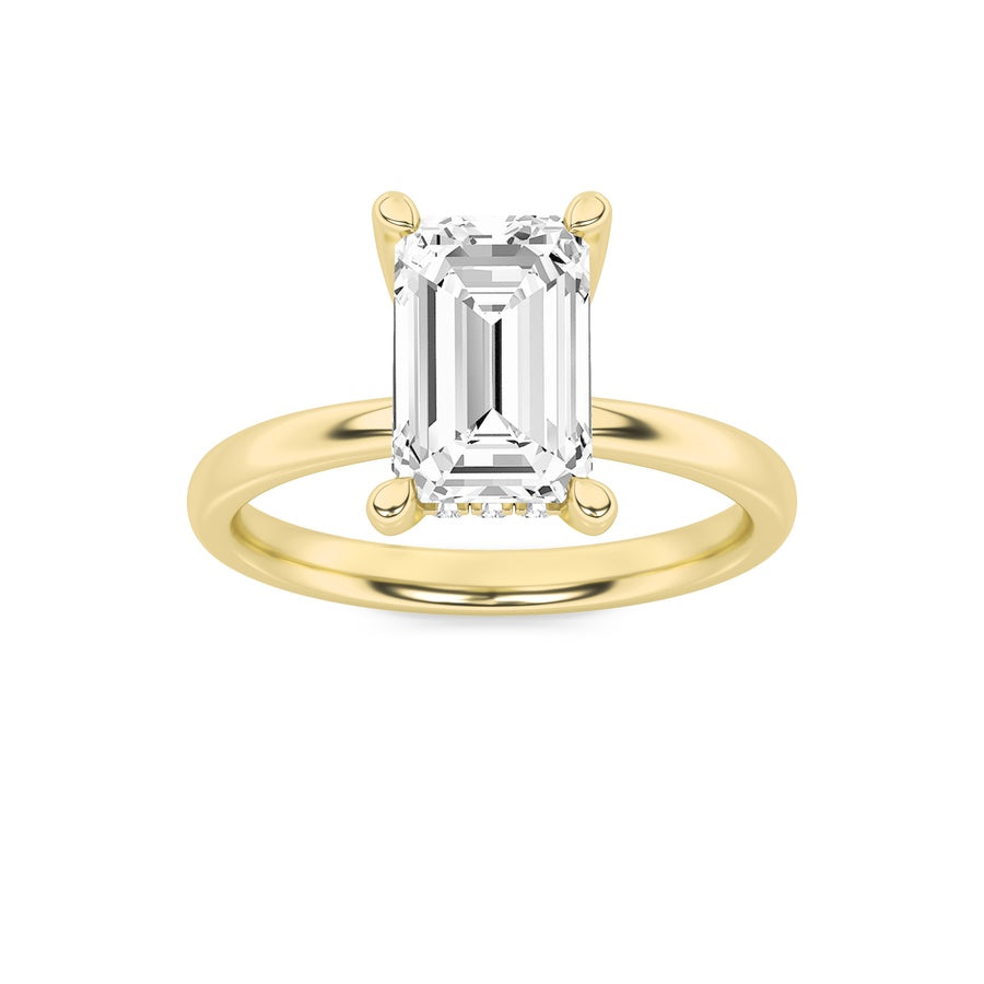 2CTW Emerald Shaped Lab Grown Diamond (F/VS) Hidden Halo Petite Shank Ring in 14K Gold