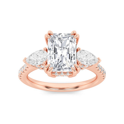 3CTW Radiant Shaped Lab Grown Diamond (F/VS) Accented Three Stone Ring in 14K Gold