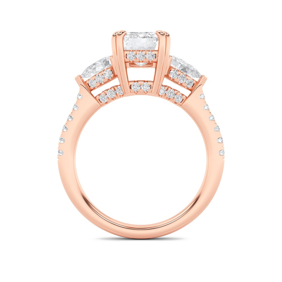 3CTW Radiant Shaped Lab Grown Diamond (F/VS) Accented Three Stone Ring in 14K Gold