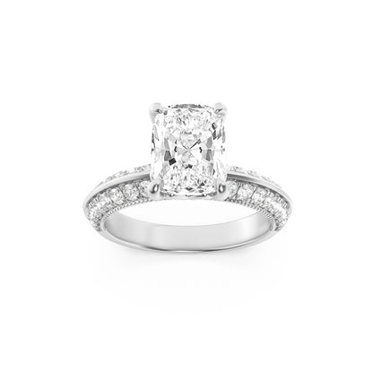1.75CTW Elongated Cushion Shaped Lab Grown Diamond (F/VS) Three Row Micro Pave Engagement Ring in 14K Gold