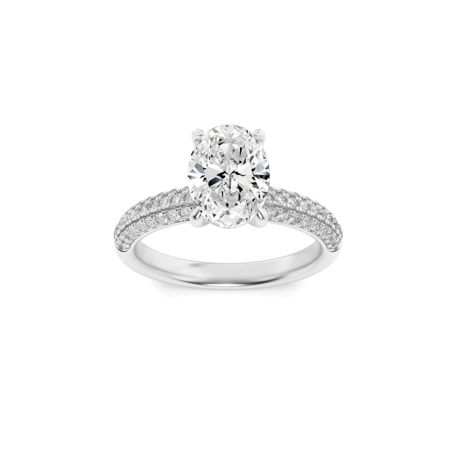 1.5CTW Oval Shaped Lab Grown Diamond (F/VS) Three Row Micro Pave Engagement Ring in 14K Gold