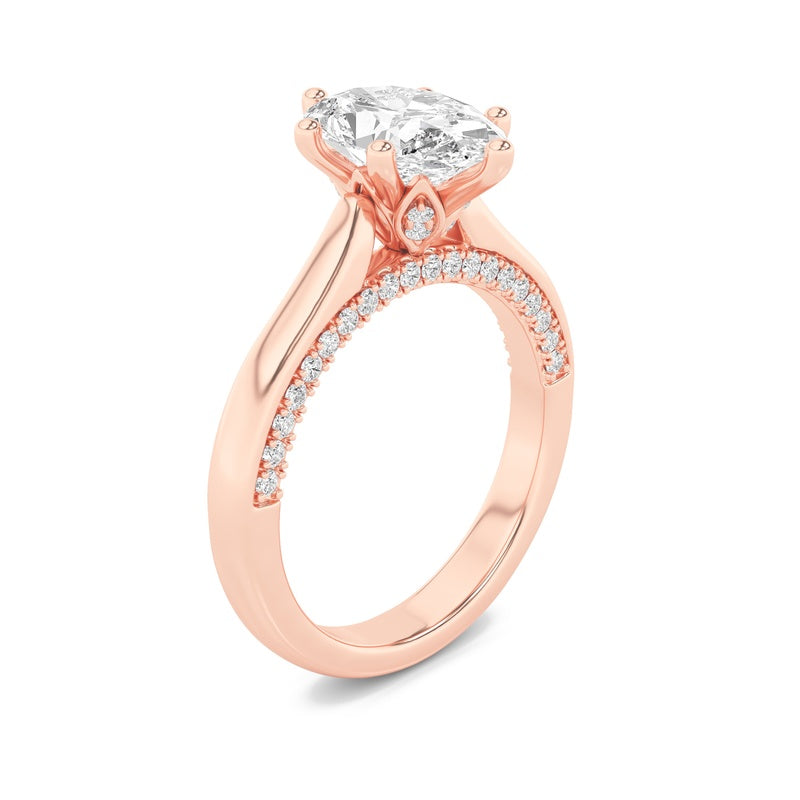 2CTW Oval Shaped Lab Grown Diamond (F/VS) Tulip Motif Accented Engagement Ring in 14K Gold
