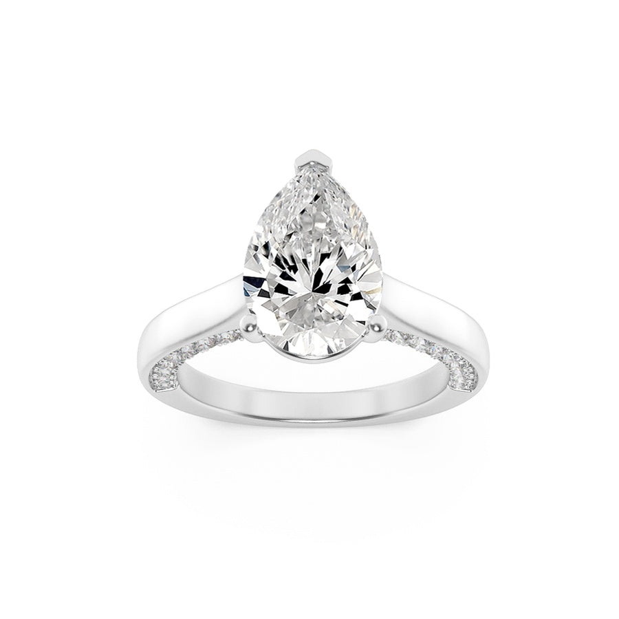 2CTW Pear Shaped Lab Grown Diamond (F/VS) Accented Bridge Shank Engagement Ring in 14K Gold