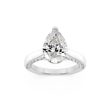 2CTW Pear Shaped Lab Grown Diamond (F/VS) Accented Bridge Shank Engagement Ring in 14K Gold