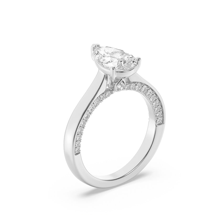 2CTW Pear Shaped Lab Grown Diamond (F/VS) Accented Bridge Shank Engagement Ring in 14K Gold