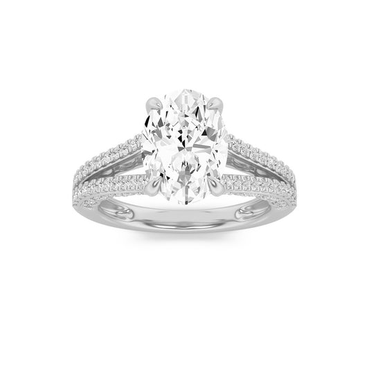 2CTW Oval Shaped Lab Grown Diamond (F/VS) Split Shank Accented Engagement Ring in 14K Gold