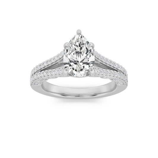 2CTW Pear Shaped Lab Grown Diamond (F/VS) Split Shank Accented Engagement Ring in 14K Gold
