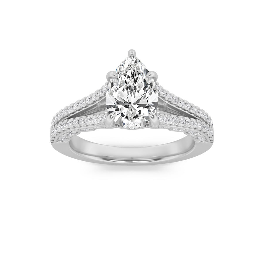 2CTW Pear Shaped Lab Grown Diamond (F/VS) Split Shank Accented Engagement Ring in 14K Gold