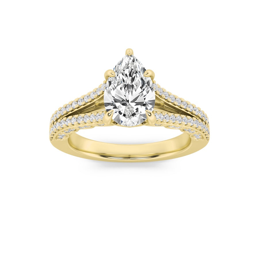 2CTW Pear Shaped Lab Grown Diamond (F/VS) Split Shank Accented Engagement Ring in 14K Gold
