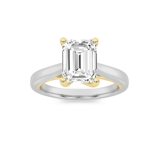 1CTW Emerald Shaped Lab Grown Diamond (F/VS) Two Tone Cathedral Shank Engagement Ring in 14K Gold