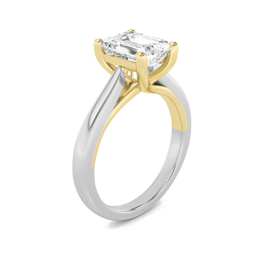 1CTW Emerald Shaped Lab Grown Diamond (F/VS) Two Tone Cathedral Shank Engagement Ring in 14K Gold