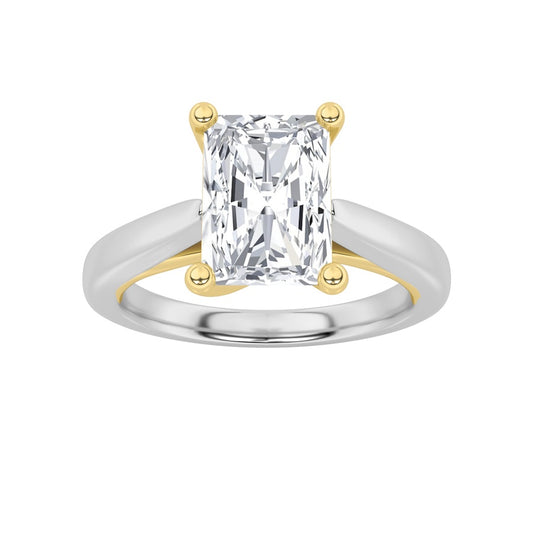 1CTW Radiant Shaped Lab Grown Diamond (F/VS) Two Tone Cathedral Shank Engagement Ring in 14K Gold