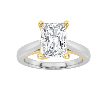 1CTW Radiant Shaped Lab Grown Diamond (F/VS) Two Tone Cathedral Shank Engagement Ring in 14K Gold