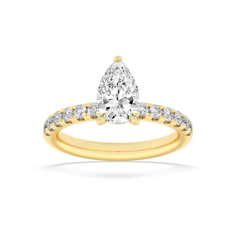 2CTW Pear Shaped Lab Grown Diamond (F/VS) Hidden Halo Accented Ring in 14K Gold