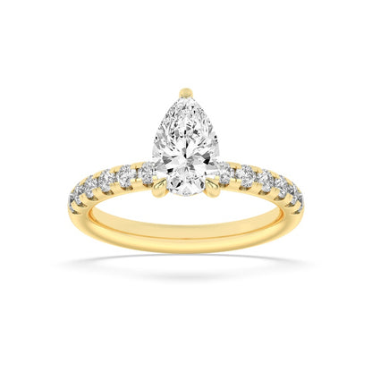 2CTW Pear Shaped Lab Grown Diamond (F/VS) Hidden Halo Accented Ring in 14K Gold