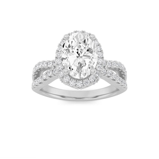 2CTW Oval Shaped Lab Grown Diamond (F/VS) Split Shank Halo Accented Engagement Ring in 14K Gold