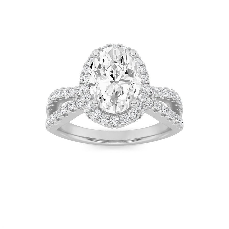 2CTW Oval Shaped Lab Grown Diamond (F/VS) Split Shank Halo Accented Engagement Ring in 14K Gold