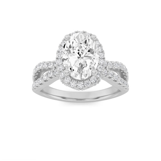 2CTW Oval Shaped Lab Grown Diamond (F/VS) Split Shank Halo Accented Engagement Ring in 14K Gold