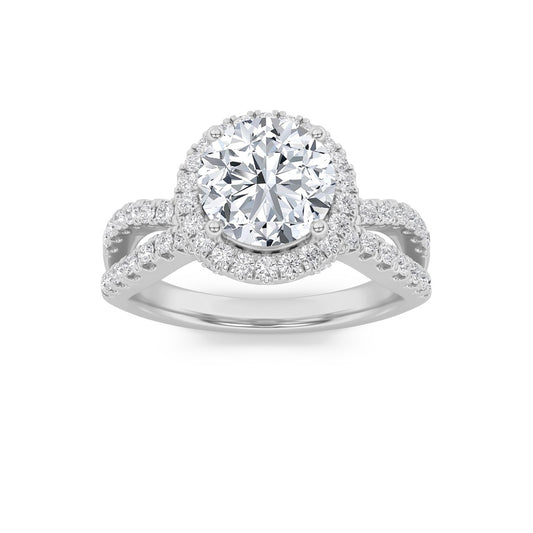 2CTW Round Shaped Lab Grown Diamond (F/VS) Split Shank Halo Accented Engagement Ring in 14K Gold